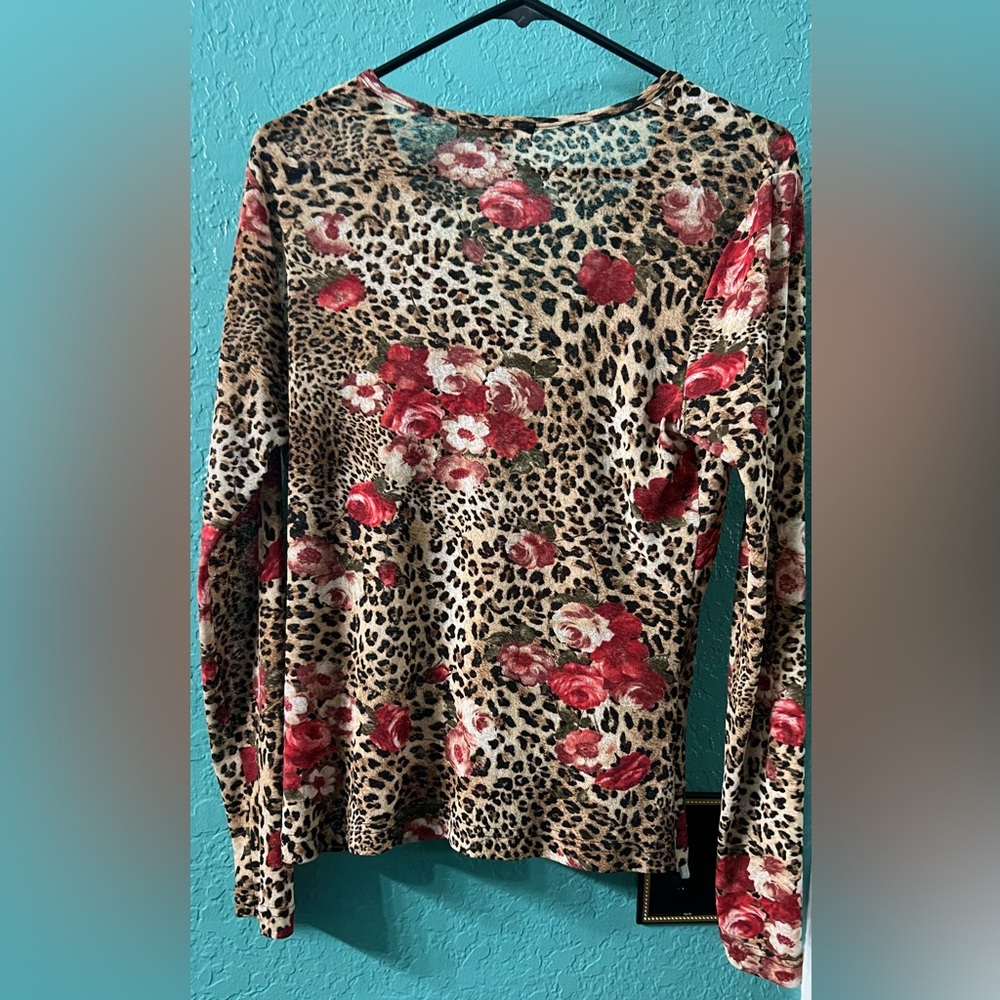 👑✅PRICE FIRM✅ Sheer Floral Leopard Print V-Neck Women's Long Sleeve Top - Picture 5 of 10